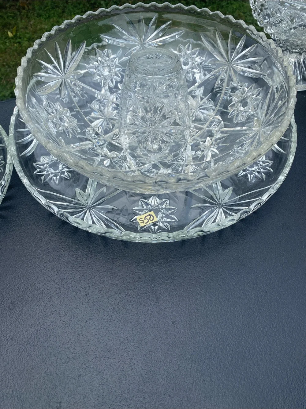 Clear Cut Glass Serving Bowl and Platter Set - Elegant Star Pattern